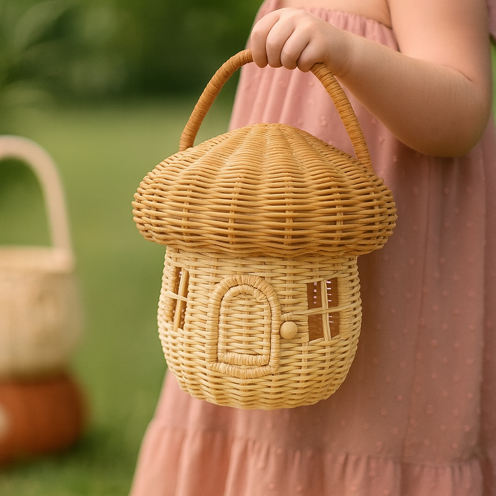 Cesta de Cogumelo de Rattan Trançado Boho Portátil de Palha