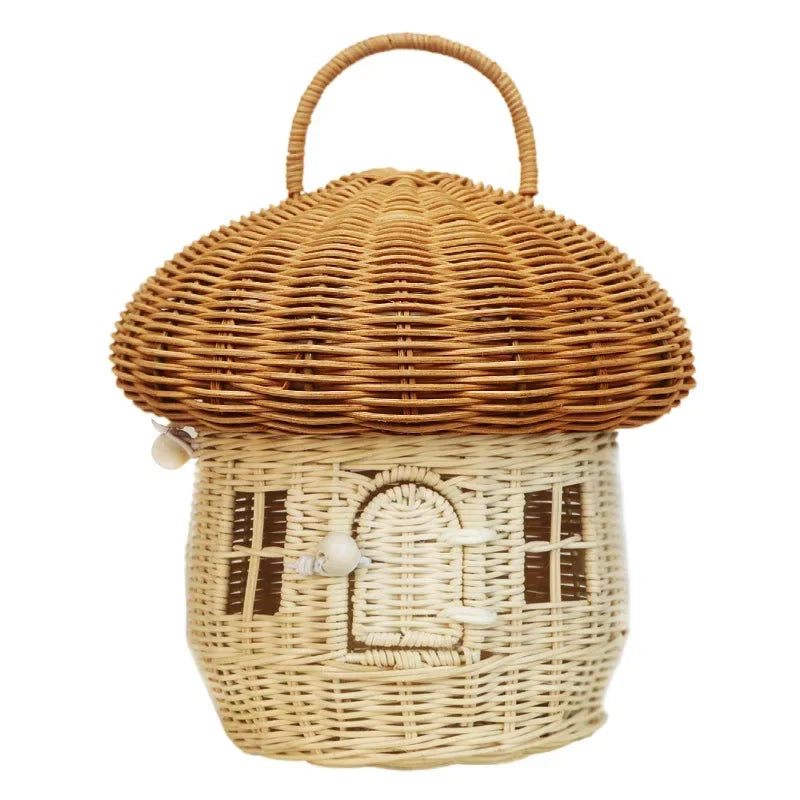 Cesta de Cogumelo de Rattan Trançado Boho Portátil de Palha