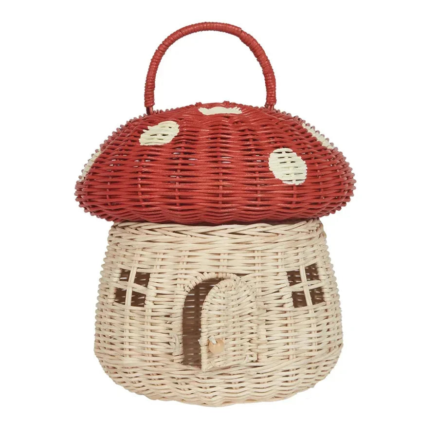 Cesta de Cogumelo de Rattan Trançado Boho Portátil de Palha