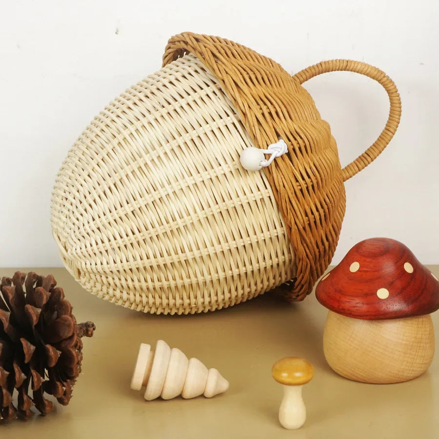 Cesta de Cogumelo de Rattan Trançado Boho Portátil de Palha