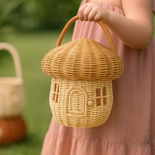 Cesta de Cogumelo de Rattan Trançado Boho Portátil de Palha